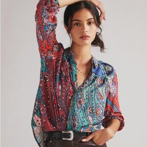 Maeve by Anthropologie Paz Patchwork Paisley Buttondown Shirt | XXS